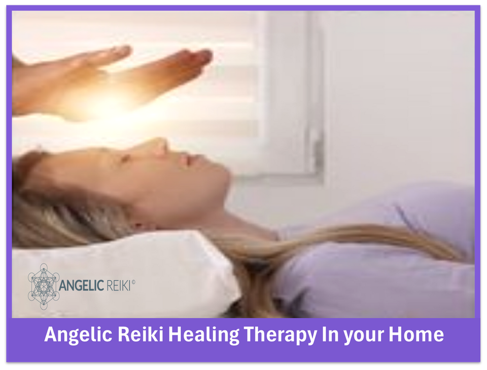 Relaxed blond haired women receiving Angelic Reiki in her home.
